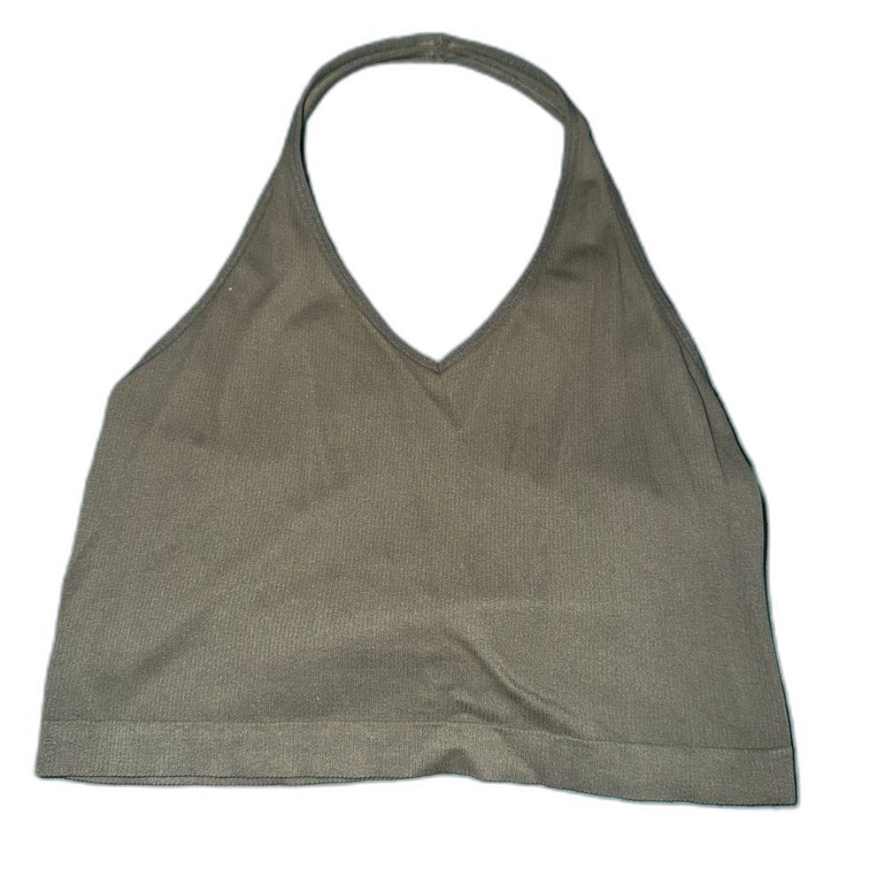 SO Olive Green Ribbed Halter Crop Top Women’s L Stretch Y2K Style